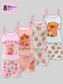 4件套女童简约纯色无钢圈吊带背心和舒适平角内裤套装 - 彩色 - 查看 1