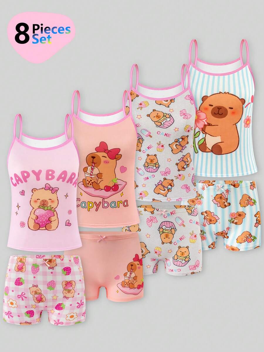 4件套女童简约纯色无钢圈吊带背心和舒适平角内裤套装 - 彩色 - 查看 1