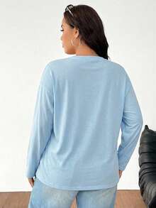 SHEIN EZwear 大码女式休闲纯色长袖T恤，适合日常通勤，春秋季穿着 - 淺藍色 - 查看 2