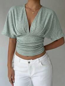 Aloruh Camiseta ajustada de mujer con escote en V profundo, manga corta y cintura fruncida en color albaricoque - Verde - Ver 4