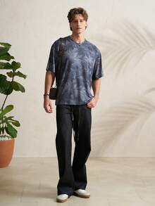 Manfinity Dauomo 男士圆领植物印花休闲百搭通勤短袖T恤 - 灰色 - 查看 6