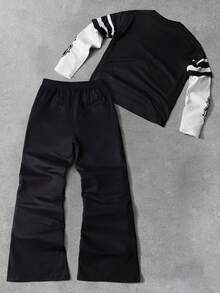 Manfinity Roghcode Men's Contrast Color Letter Print Crew Neck Long Sleeve T-Shirt And Pants Casual Suit - Black and White - View 2