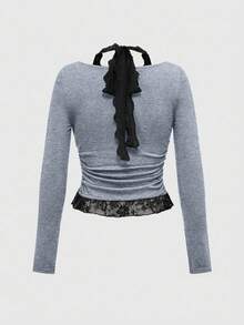ROMWE Avant Garbage Punk Brother Letter Rhinestone & Lace Patchwork Crew Neck Fitted Women Long Sleeve T-Shirt - Grey - View 2