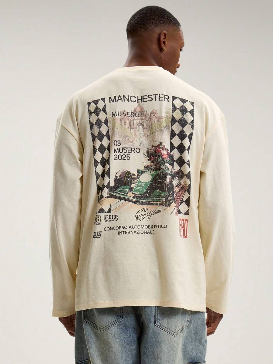 Musero Long Sleeve Back Large Graphic Print Crew Neck Tshirt SPRING SUMMER Essentials - Apricot - View 1