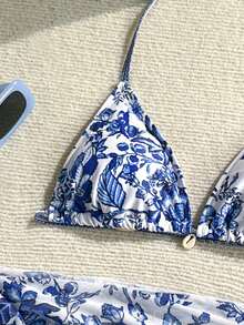 SHEIN 少女三件套蓝色碎花比基尼套装，细肩带，适合海滩度假游泳，春夏款 - 藍色 - 查看 8