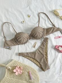 Swim MOD 2pcs/Set Polka Dot Random Print Underwire Bikini Top And High Cut Swim Bottoms Sexy Swimsuit Set, Spring/Summer - Multicolor - View 3