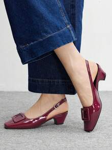CUCCOO BIZCHIC Burgundy Square Toe Backless Mid-Heel Buckle Strap Women Shoes, Chunky Heel - Burgundy - View 3