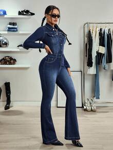 SHEIN Tall Tall Women's Long Sleeve Elastic Washed Denim Jumpsuit - Dark Wash - View 6