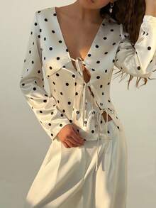 Rafferiza 女士优雅通勤系带波点印花V领衬衫 - 白色 - 查看 4