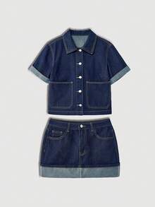 Maija Women's Raw Denim Suit: Short-Sleeved Shirt + A-Line Skirt;Women's Two-Piece Set,Casual Suit,Spring Break Outfits