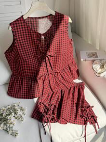 Comfortcana Bộ đồ mùa hè cỡ lớn kẻ caro đỏ trắng gồm áo và quần short buộc 3 nơ phía trước, gồm 2 món. - Đỏ - Xem 4
