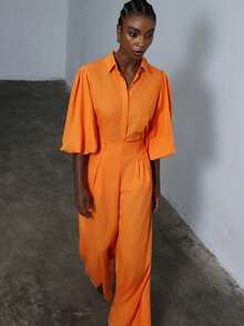 Aveloria Modichic Fashionable Design Sense, Versatile And Stylish Casual Wear, Modern Vacation Wear, A Bright Orange Lapel Puff-Sleeved Cardigan, Loose Pleated Long Pants Set, Ladies' Two-Piece Set - Orange - View 4