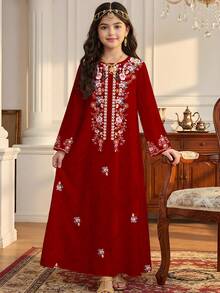 SHEIN Áo Jalabiya trẻ em màu đỏ họa tiết hoa, thanh lịch, cổ điển, thêu hoa, kiểu dáng truyền thống tối giản, tay dài, phù hợp cho bé gái tuổi teen vào mùa xuân/hè, váy tay dài kín đáo, áo Abaya cầu nguyện, thoải mái dễ chịu, trang phục thường ngày, phong cách nghỉ dưỡng, áo Kaftan kín đáo, áo Jalabiya trẻ em, áo Jalabiya cho bé gái tuổi teen - trắng - Xem 4