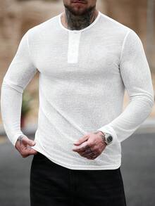 Manfinity Homme Camiseta de media botón de unicolor para hombres - Blanco - Ver 1