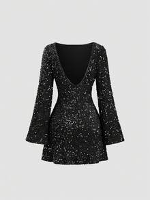 Sweetra Đầm ngắn hở lưng đính sequin, trang phục ngày Valentine - màu đen - Xem 2