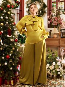 VOLUPTÉ CURVE Bộ đồ đôi cỡ lớn dành cho Ngày Valentine, kiểu dáng thanh lịch cổ điển mới với nơ vàng, tay áo phồng và quần ống rộng, nhẹ nhàng, thoải mái giúp tôn dáng. - Màu vàng - Xem 4