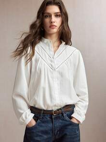 BizChic 2026 Spring/Summer New White Textured Crinkle Fabric Lace Trim Ribbon Patchwork Front Button Closure Ladies Blouse - White - View 4
