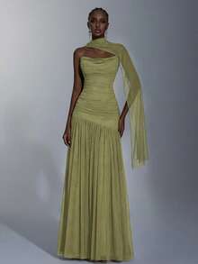 Elitara Elegant Wine Red Minimalist High-Elastic Mesh Strapless Ruched Waist A-Line Dress, Suitable For Dates, Singles Parties, Weddings, Formal Events