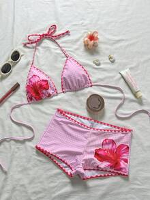 Bonvoyette Completo da spiaggia da donna, con motivo floreale, bordi a contrasto di colore, bikini casual alla moda, sexy e dolce con top a canotta - Rosa - Visualizzare 4