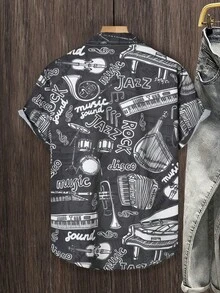 Manfinity Homme 全印花前开襟纽扣休闲百搭短袖衬衫（不规则印花） - 深灰色 - 查看 2