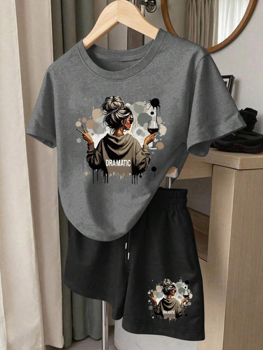 Noixe 2件套“戏剧性”讽刺标语趣味印花女式休闲套装，适合日常穿着 - 彩色 - 查看 1