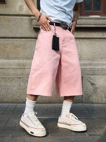 Manfinity Hypemode Men's Casual Loose Fit Printed Denim Wide Leg Shorts With Slant Pockets - Pink - View 5