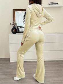 SHEIN EZwear Bộ đồ nữ 2 món gồm áo hoodie và quần dài bằng nhung màu trơn, kiểu dáng thường ngày, thích hợp cho mùa xuân/hè. - Màu be - Xem 2