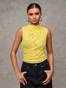 SHEIN BAE Black Lace Sleeveless Open Shoulder Ruched Bodysuits, Autumn, Halloween - Yellow - View 5