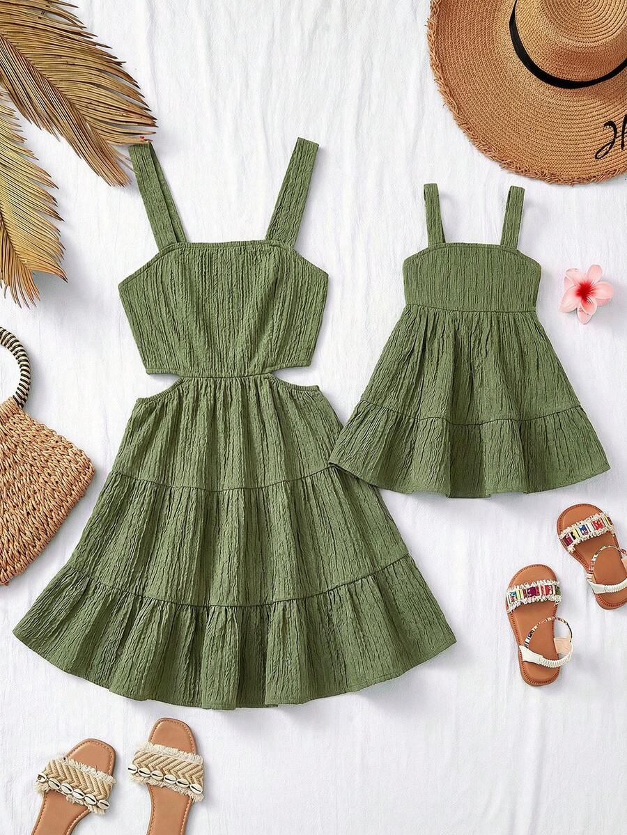 Travachic KIDS Babygirl Summer Cute Vacation Red Leaf Print Camisole Dress - Green - View 1