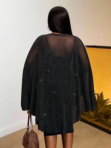 Slaydiva 春夏新款女装，适合秋季、冬季、音乐节、万圣节、生日、休闲日常穿着，百搭基础款，休闲、邮轮旅行、海滩、日光浴等场合，爆款黑色长袖宽松雪纺金属丝透视前短后长加大码上衣，情人节特惠 - 黑色 - 查看 4