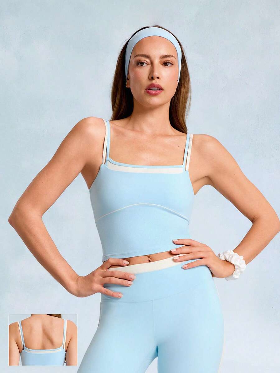 GLOWMODE FeatherFit™ Soft Start Buttery-Soft Contrasting Seams 2-Piece Spaghetti-Strap Tank Top Low Impact Yoga Studio Daily Casual Wear Removable Cups - Blue - View 1