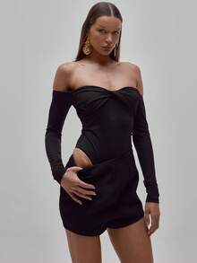 MUSERA Slinky Twist Bust Detail Fitted Long Sleeve Bodysuit,Black,Autumn,Seksi Chic,Club Night Out Elegant Occasion Valentines Bridal Wedding Party - Black - View 7