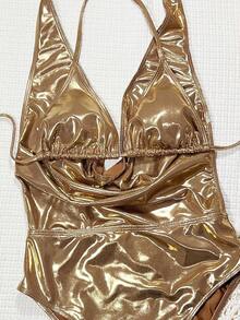 Swim SXY Swim Vcay-D 金色金属色系带露背连体泳衣，性感露背沙滩比基尼，春夏款 - 金色 - 查看 2