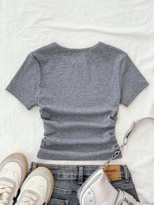 SHEIN Áo thun tay ngắn màu xám đậm, chất liệu dệt kim gân, họa tiết ngôi sao, cạp nhún, dành cho bé gái tuổi teen, thích hợp mặc thường ngày. - Màu xám đen - Xem 2