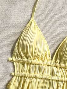 SHEIN Ensemble de bikini à col ras-du-cou en tricot texturé jaune pour adolescentes, idéal pour les vacances à la plage au printemps/été - Jaune citron - Voir 3