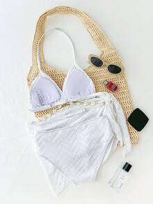 Tween Girls 3 PiecesBikini Set: Textured Knit White Camisole Top, Bottoms, And Wrap Skirt, Casual & Fashionable, Essential For Summer Beach Vacation