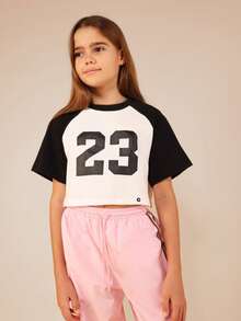 SUMWON Girls Number 23 Raglan Sleeve Crop Top Short Sleeve Baseball Style Graphic Tee Casual Boxy Fit Sports Inspired Top Vacation - Black and White - View 4