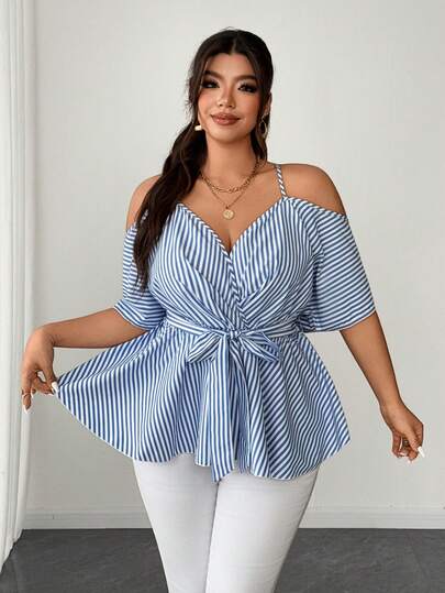 Elenzga 大码吊带系带条纹可爱上衣