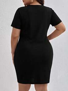 SHEIN Essnce Plus-Size Women's Spring/Summer Fashionable And Elegant Stretchy Comfortable Everyday Basic Versatile Slimming Black Short-Sleeved Mini Dress,Bodycon,Summer Outfits,Curve Dress,Minimalist Style Bodycon Dress Curve Fitted Dresses For Women Body Fitting Dress Body Hugging Dress High Quality Dress - Black - View 2