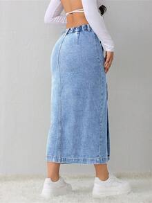 SHEIN Tall Jupe en jean pour femmes, jupe mi-longue décontractée et ample avec fente sur le côté, bleu clair, pour grandes tailles. Jupe bleue pour l'hiver, vêtements pour femmes - Jean clair - Voir 3
