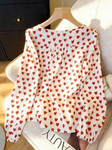 SHEIN Unity Women's Heart Print Lantern Sleeve Front Tie Blouse,Elegant White And Red Spring Autumn Cute Tops For Vacation,Valentine's Day And Tea Party Blouses - White - View 3