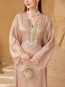 Al Najma Women's Shiny Embroidered Beaded Long Robe, Loose And Slimming, Elegant Party Robe Kaftan Jalabiya Dress - Pink - View 5