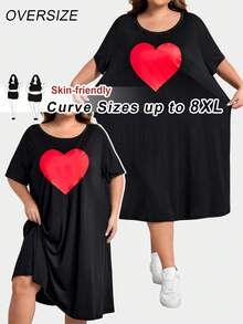 SHEIN CURVE+ CURVE PLUS /Valentine's Day/Plus Size Comfortable Stretchy Long Short Sleeve Black Casual Dress, Versatile For Summer