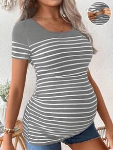 SHEIN 孕妇条纹圆领短袖哺乳上衣 - 淺灰色 - 查看 1