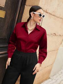 Modelyn Plus Size Women Loose Fit Satin Long Sleeve Shirt, Suitable For Commuting, Autumn - Burgundy - View 2