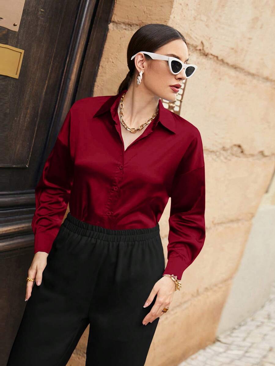 Modelyn Plus Size Women Loose Fit Satin Long Sleeve Shirt, Suitable For Commuting, Autumn