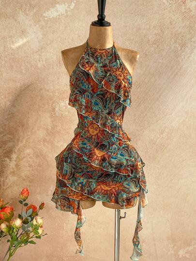 Soleia Đầm ngắn hở lưng cổ yếm, họa tiết paisley, viền bèo nhún, thích hợp cho kỳ nghỉ của nữ.