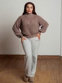 Lupita Cardoza 半拉链落肩纹毛衣、长袖上衣、秋冬针织毛衣 - 棕色 - 查看 1