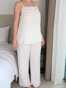 Turnttoni French Elegant Loose Romantic Camisole Top & Long Pants Pajama Set - White - View 3