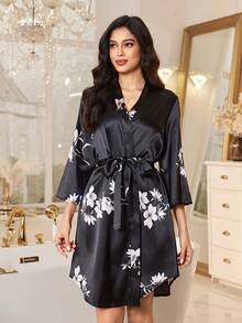 SHEIN 花卉印花仿丝绸女士优雅睡袍 - 黑色 - 查看 5